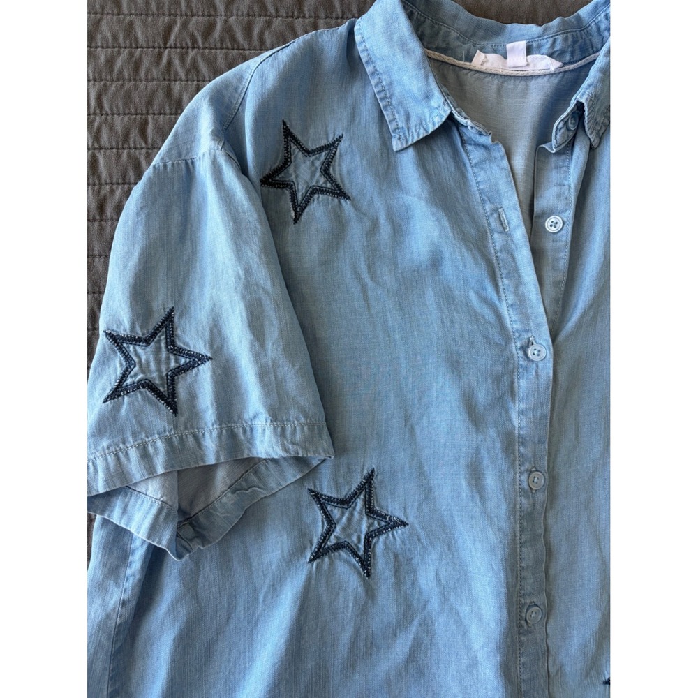 Jane + Delancey Blue Star Embroidered Lyocell Short Sleeve Button Down Shirt L - Picture 5 of 8